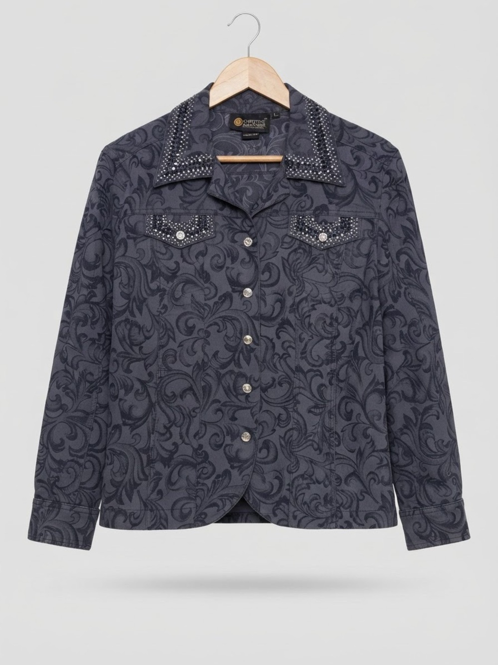 Christine Alexander Dark Blue Gray Embellished Floral-Pattern Jean Jacket - L